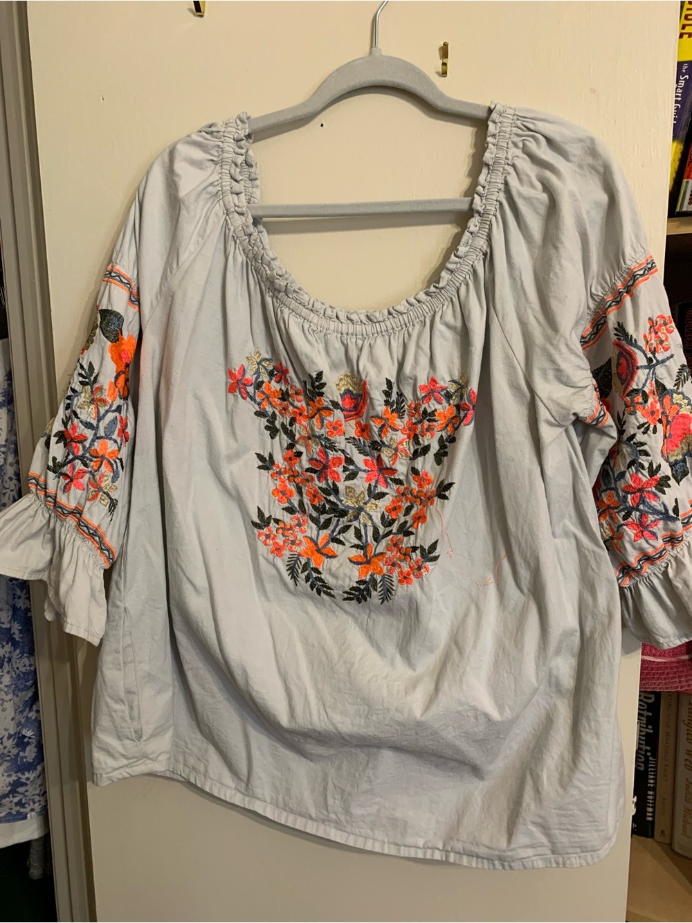 Embroidered White Peasant Blouse with Orange & Pink Floral Accents